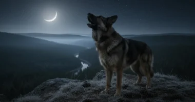 Cachorro uivando para a lua cheia em uma noite escura