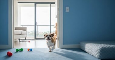 Cachorro feliz brincando em um apartamento moderno, simbolizando a boa convivência entre pets e espaços menores.