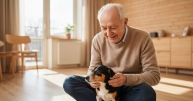 Idoso feliz com seu cão de companhia