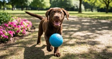 Filhote de Labrador Retriever feliz em um parque