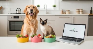 Cão e gato com alimentação natural e logo Pet Natu