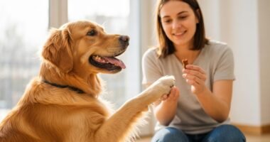 Cachorro dando a pata para a dona
