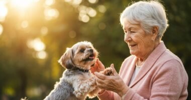 Cachorro de raça pequena vivendo uma vida longa e feliz com seu dono.