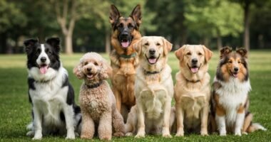 Seis raças de cães amáveis e inteligentes reunidas em um parque