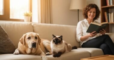 Cão e gato relaxando com tutor, simbolizando saúde emocional pet