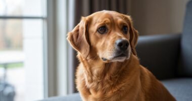 Cão com sinais de desconforto gastrointestinal olhando para a câmera.