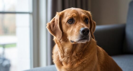 Cão com sinais de desconforto gastrointestinal olhando para a câmera.