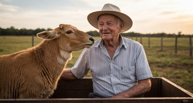 Agricultor de 87 anos sorri enquanto acaricia seu cão Pitoco, ambos sentados em uma carroça no campo.