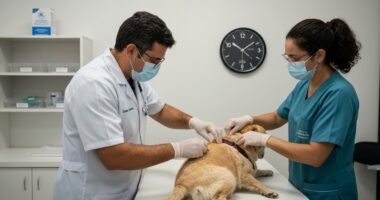 Veterinário vacinando cão contra raiva em Campo Grande.