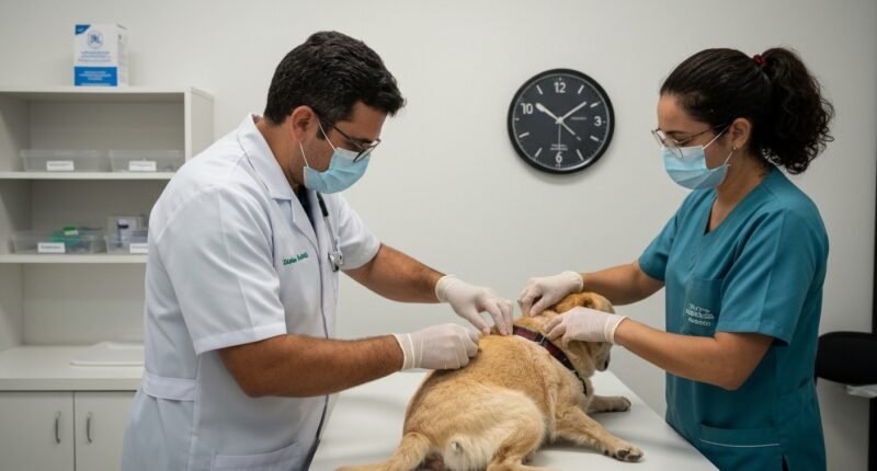 Veterinário vacinando cão contra raiva em Campo Grande.