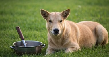 Cão pastor alemão com pote de ração ao lado em um ambiente natural.