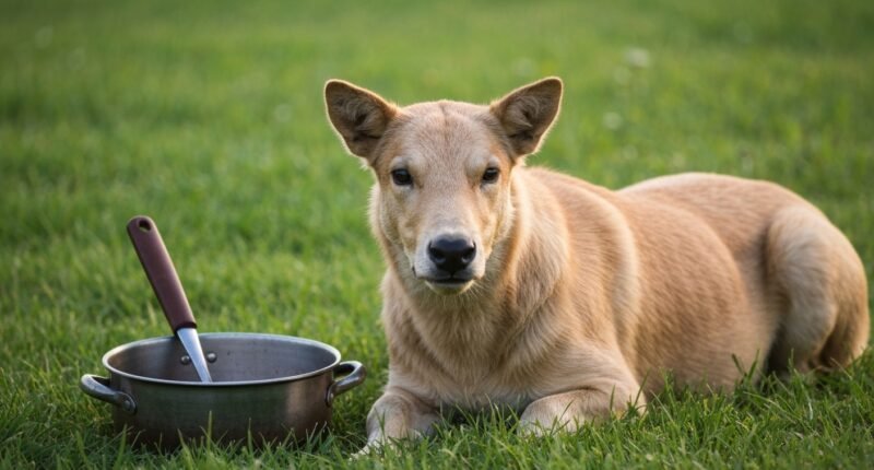Cão pastor alemão com pote de ração ao lado em um ambiente natural.