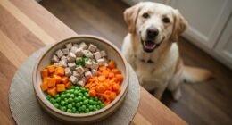Refeição caseira colorida e nutritiva de alimentação cozida para cães em tigela rústica, com frango, vegetais e ervas frescas, em uma cozinha com um cão feliz ao fundo.