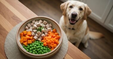Refeição caseira colorida e nutritiva de alimentação cozida para cães em tigela rústica, com frango, vegetais e ervas frescas, em uma cozinha com um cão feliz ao fundo.
