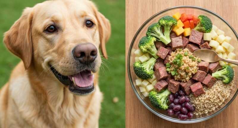 Um cachorro feliz e saudável com uma tigela colorida de alimentação natural para cachorros, contendo carne e vegetais frescos.