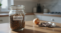 Cozinha com pote de ração para cachorro e ingredientes perigosos em segundo plano