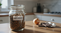 Cozinha com pote de ração para cachorro e ingredientes perigosos em segundo plano