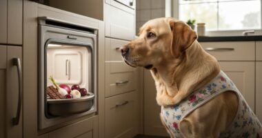 Cão observando alimentos perigosos na geladeira