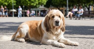 Pequinês com dificuldade para respirar em consulta veterinária.