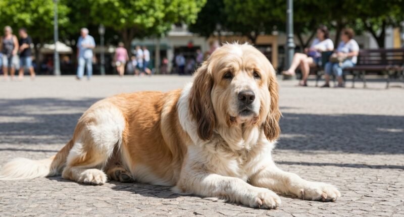 Pequinês com dificuldade para respirar em consulta veterinária.