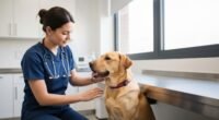 Médica veterinária realizando exame em cão na Unidade de Saúde Animal de Alvorada