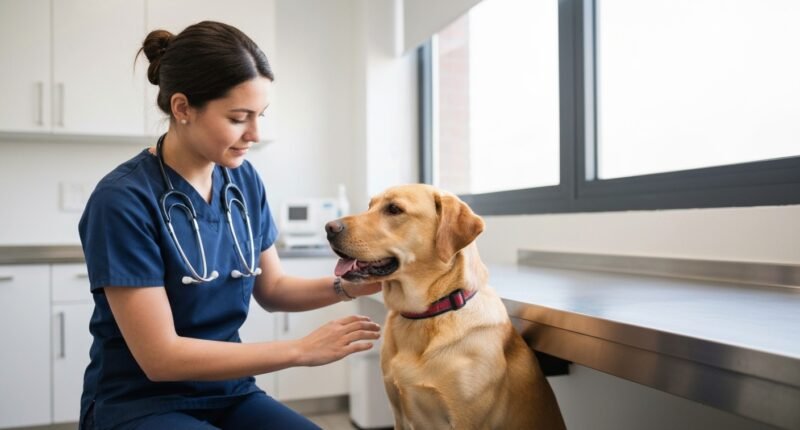 Médica veterinária realizando exame em cão na Unidade de Saúde Animal de Alvorada