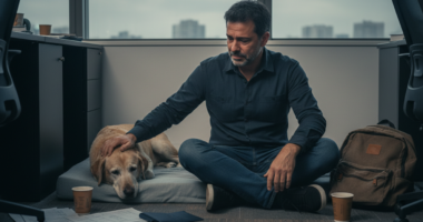 André Marques emocionado ao lado de sua cadela Banha em estado crítico de saúde