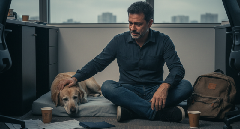 André Marques emocionado ao lado de sua cadela Banha em estado crítico de saúde