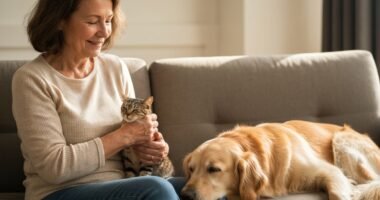 Mulher idosa com gato e cachorro em casa