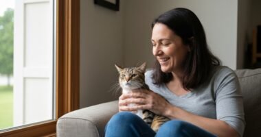 Idosa sorrindo enquanto acaricia seu gato em casa, demonstrando os benefícios da companhia animal para a saúde emocional.