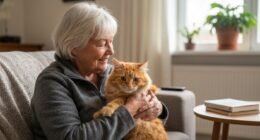 Idosa sorrindo ao acariciar seu gato no colo em uma sala de estar