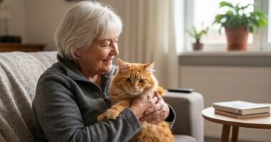 Idosa sorrindo ao acariciar seu gato no colo em uma sala de estar