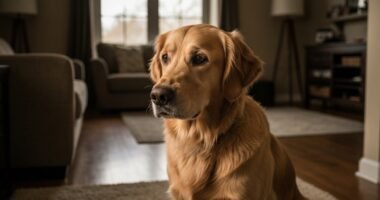Cachorro com ansiedade de separação olhando pela janela.
