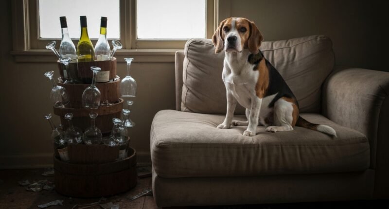 Beagle com expressão serena em meio a uma sala destruída por ele.