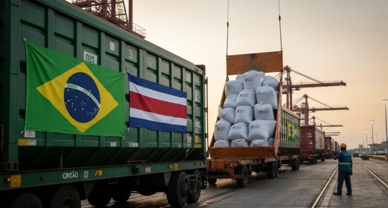 Contêineres de ração pet do Brasil sendo exportados para a Costa Rica em um porto.