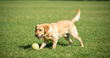 Cão feliz e saudável brincando em um campo