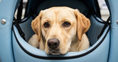 Cãozinho Chico se recupera bem em cama acolchoada após resgate em Criciúma.
