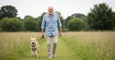 Idoso passeando com cachorro em parque, evidenciando os benefícios da companhia animal para a saúde.