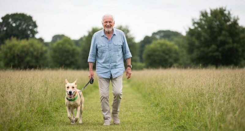 Idoso passeando com cachorro em parque, evidenciando os benefícios da companhia animal para a saúde.