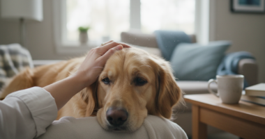 Cachorro ansioso recebendo carinho e conforto do tutor.