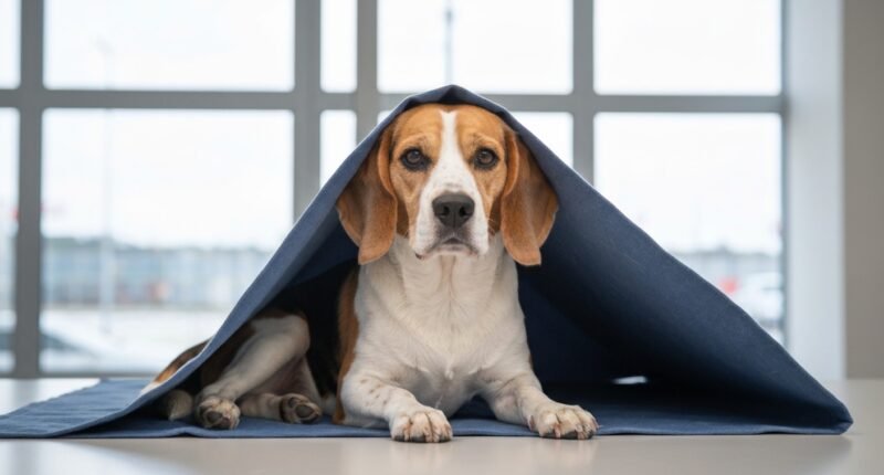 Cachorro idoso em recuperação em uma caminha de hospital veterinário