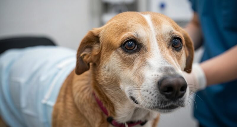 Cachorro idoso se recuperando em clínica veterinária após resgate e cirurgia para tumor na garganta.