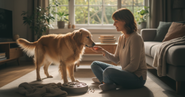 Cachorro calmo recebendo recompensa por não latir