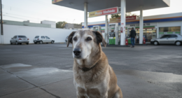 Cão Pingo, de 21 anos, em frente a um posto de combustíveis em Vinhedo.