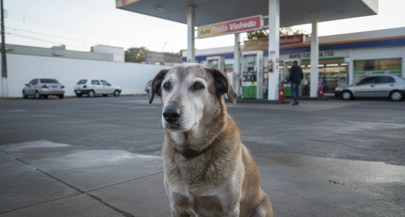 Cão Pingo, de 21 anos, em frente a um posto de combustíveis em Vinhedo.