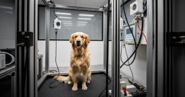 Cão em laboratório de pesquisa monitorando qualidade do ar