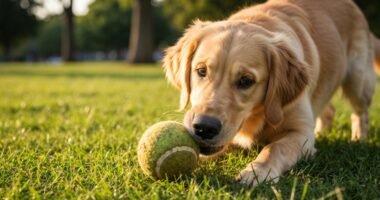 Cachorro com olhar fixo em seu brinquedo, sugere vício.