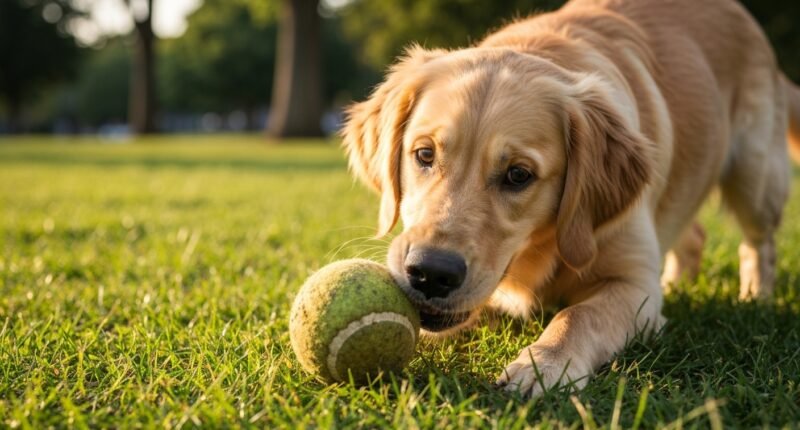 Cachorro com olhar fixo em seu brinquedo, sugere vício.