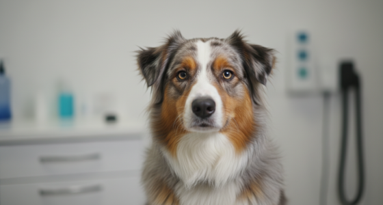 Cadela pastora australiana em clínica veterinária
