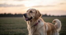 Cachorro farejando o ar em um campo ao amanhecer